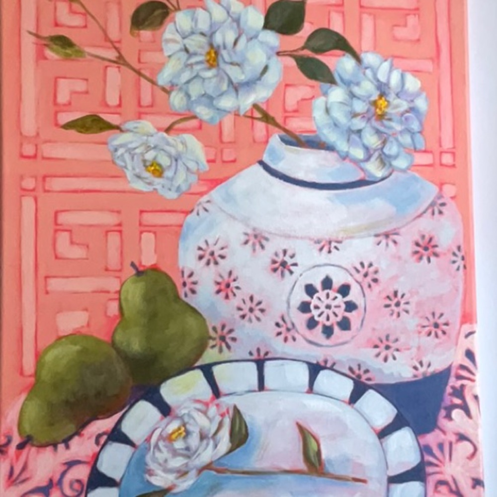 White Roses and Green Pears Original Acrylic Still Life Painting on Canvas